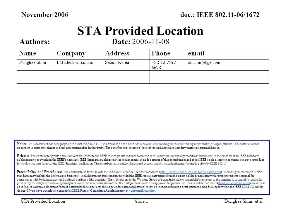 doc.: IEEE /1672 STA Provided Location November 2006 Donghee Shim, et alSlide 1 STA Provided Location Notice: This document has been prepared to assist IEEE