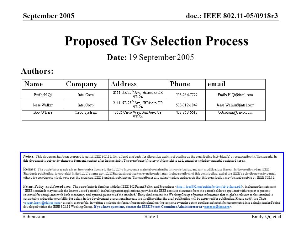 doc.: IEEE /0918r3 Submission September 2005 Emily Qi, et alSlide 1 Proposed TGv Selection Process Notice: This document has been prepared to assist IEEE