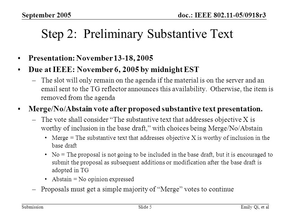 doc.: IEEE /0918r3 Submission September 2005 Emily Qi, et alSlide 5 Step 2: Preliminary Substantive Text Presentation: November 13-18, 2005 Due at IEEE: November 6, 2005 by midnight EST –The slot will only remain on the agenda if the material is on the server and an  sent to the TG reflector announces this availability.
