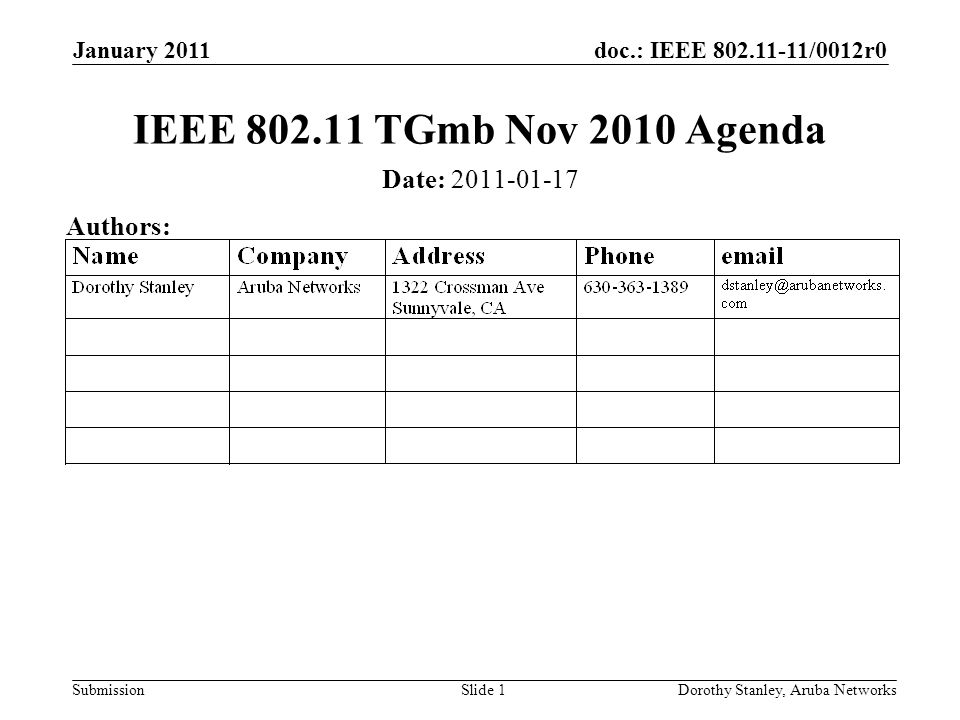 doc.: IEEE /0012r0 Submission January 2011 Dorothy Stanley, Aruba NetworksSlide 1 IEEE TGmb Nov 2010 Agenda Date: Authors: