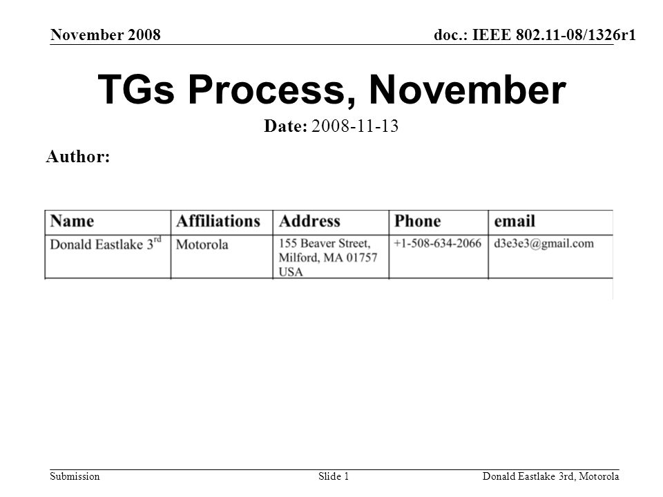 doc.: IEEE /1326r1 Submission November 2008 Donald Eastlake 3rd, MotorolaSlide 1 TGs Process, November Date: Author: