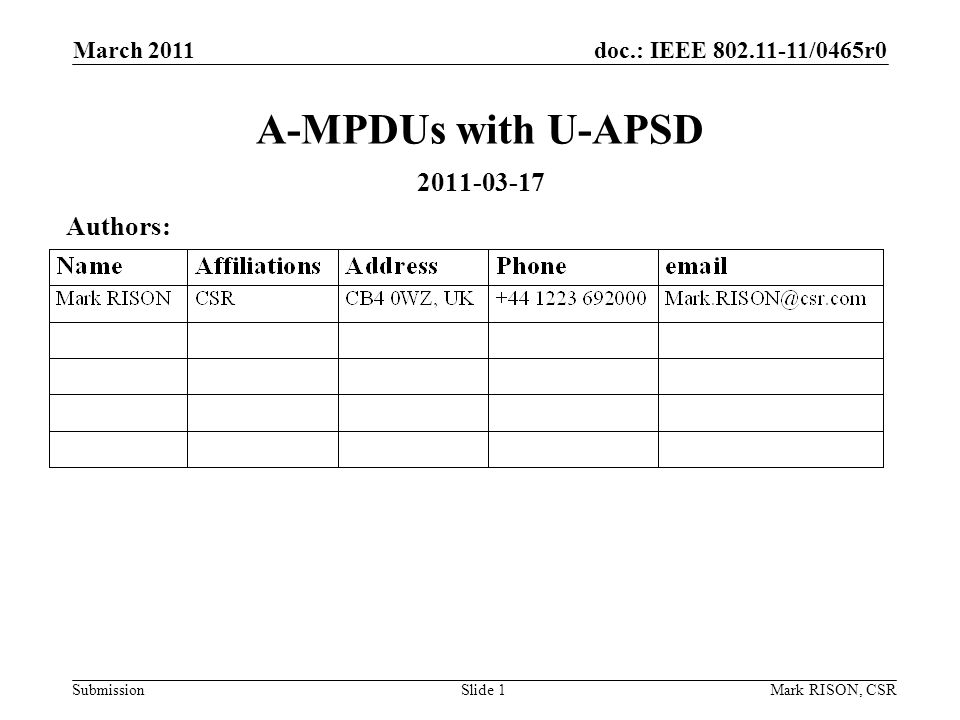 doc.: IEEE /0465r0 Submission March 2011 Mark RISON, CSRSlide 1 A-MPDUs with U-APSD Authors: