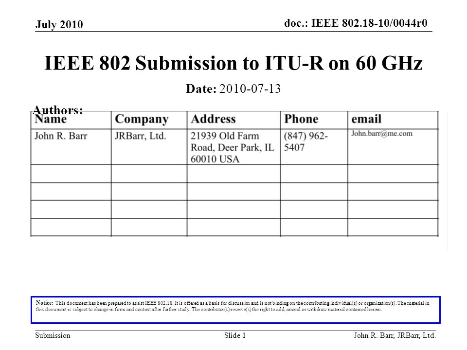 doc.: IEEE /0044r0 Submission July 2010 John R.