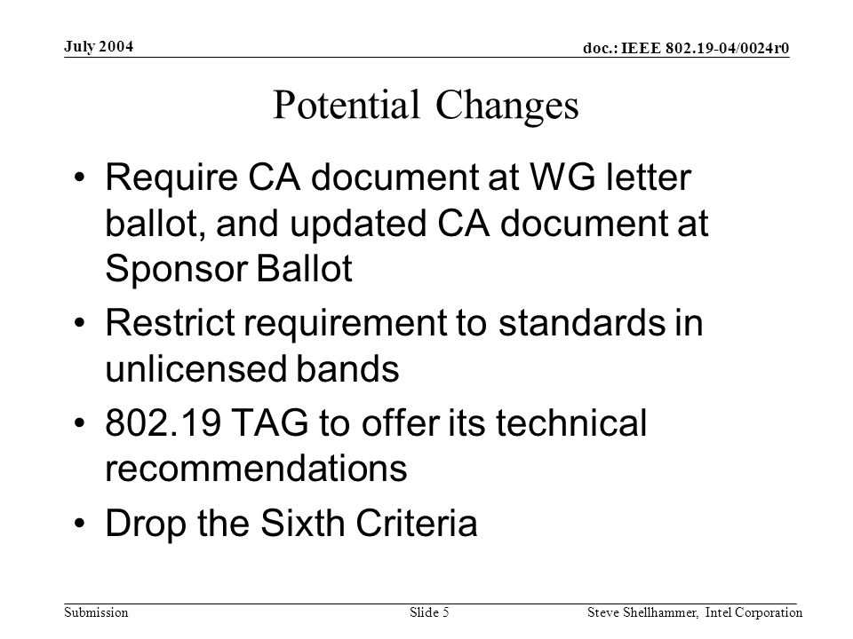 doc.: IEEE /0024r0 Submission July 2004 Steve Shellhammer, Intel CorporationSlide 5 Potential Changes Require CA document at WG letter ballot, and updated CA document at Sponsor Ballot Restrict requirement to standards in unlicensed bands TAG to offer its technical recommendations Drop the Sixth Criteria