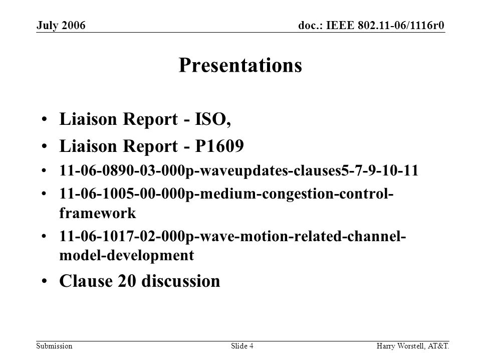 doc.: IEEE /1116r0 Submission July 2006 Harry Worstell, AT&T.Slide 4 Presentations Liaison Report - ISO, Liaison Report - P p-waveupdates-clauses p-medium-congestion-control- framework p-wave-motion-related-channel- model-development Clause 20 discussion