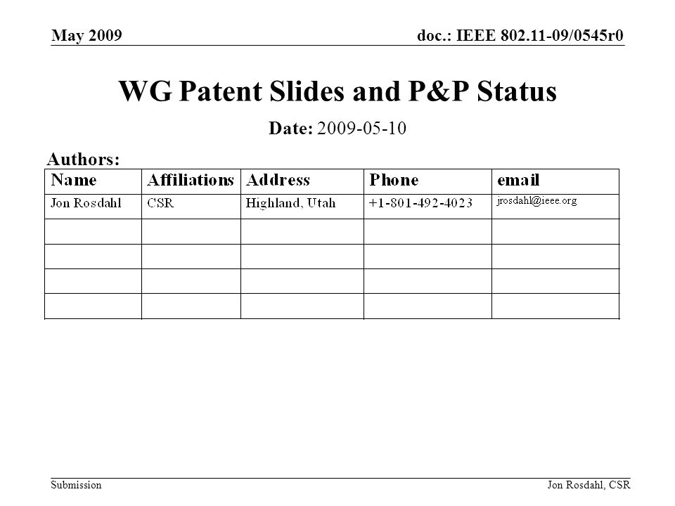 doc.: IEEE /0545r0 Submission May 2009 Jon Rosdahl, CSR WG Patent Slides and P&P Status Date: Authors: