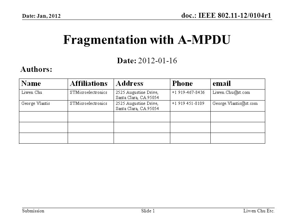 doc.: IEEE /0104r1 SubmissionLiwen Chu Etc.Slide 1 Fragmentation with A-MPDU Date: Authors: Date: Jan, 2012