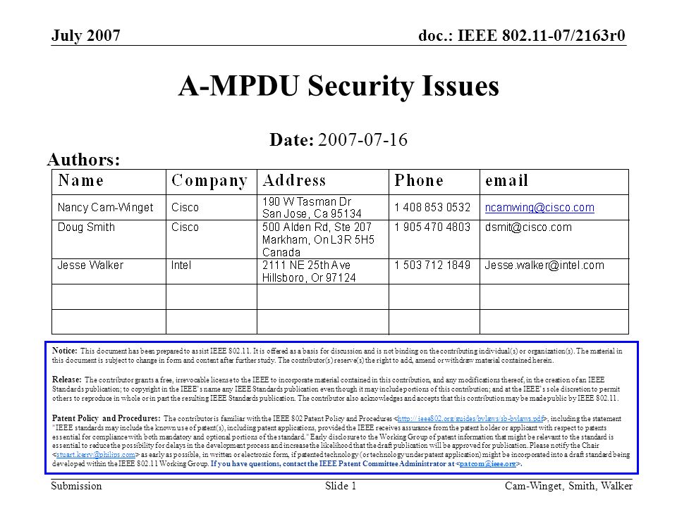 doc.: IEEE /2163r0 Submission July 2007 Cam-Winget, Smith, WalkerSlide 1 A-MPDU Security Issues Notice: This document has been prepared to assist IEEE