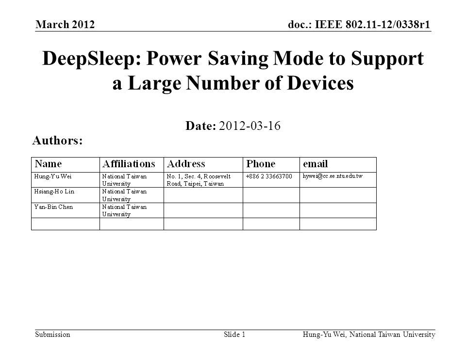 doc.: IEEE /0338r1 Submission March 2012 Hung-Yu Wei, National Taiwan UniversitySlide 1 DeepSleep: Power Saving Mode to Support a Large Number of Devices Date: Authors: