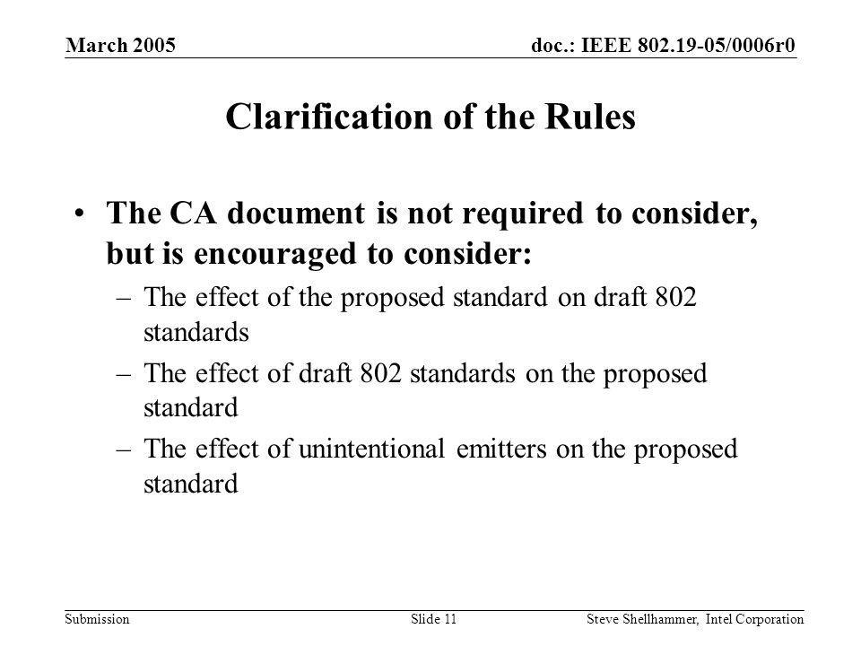 doc.: IEEE /0006r0 Submission March 2005 Steve Shellhammer, Intel CorporationSlide 11 Clarification of the Rules The CA document is not required to consider, but is encouraged to consider: –The effect of the proposed standard on draft 802 standards –The effect of draft 802 standards on the proposed standard –The effect of unintentional emitters on the proposed standard