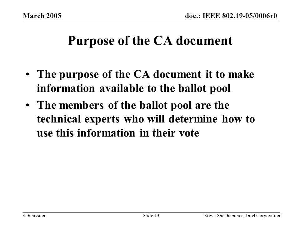 doc.: IEEE /0006r0 Submission March 2005 Steve Shellhammer, Intel CorporationSlide 13 Purpose of the CA document The purpose of the CA document it to make information available to the ballot pool The members of the ballot pool are the technical experts who will determine how to use this information in their vote