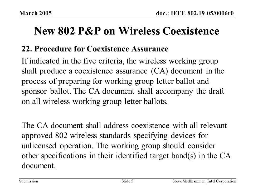 doc.: IEEE /0006r0 Submission March 2005 Steve Shellhammer, Intel CorporationSlide 5 New 802 P&P on Wireless Coexistence 22.