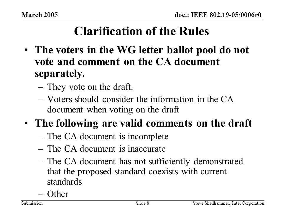 doc.: IEEE /0006r0 Submission March 2005 Steve Shellhammer, Intel CorporationSlide 8 Clarification of the Rules The voters in the WG letter ballot pool do not vote and comment on the CA document separately.