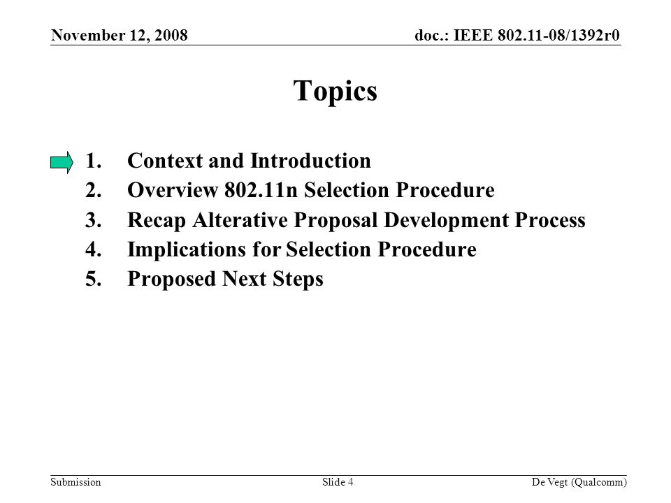 doc.: IEEE /1392r0 Submission November 12, 2008 De Vegt (Qualcomm)Slide 4 Topics 1.Context and Introduction 2.Overview n Selection Procedure 3.Recap Alterative Proposal Development Process 4.Implications for Selection Procedure 5.Proposed Next Steps