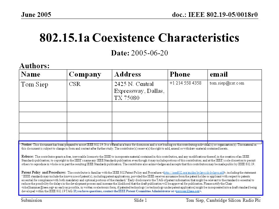 doc.: IEEE /0018r0 Submission June 2005 Tom Siep, Cambridge Silicon Radio PlcSlide a Coexistence Characteristics Notice: This document has been prepared to assist IEEE