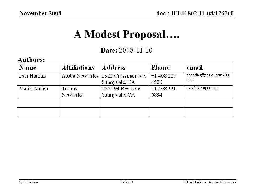 doc.: IEEE /1263r0 Submission November 2008 Dan Harkins, Aruba NetworksSlide 1 A Modest Proposal….