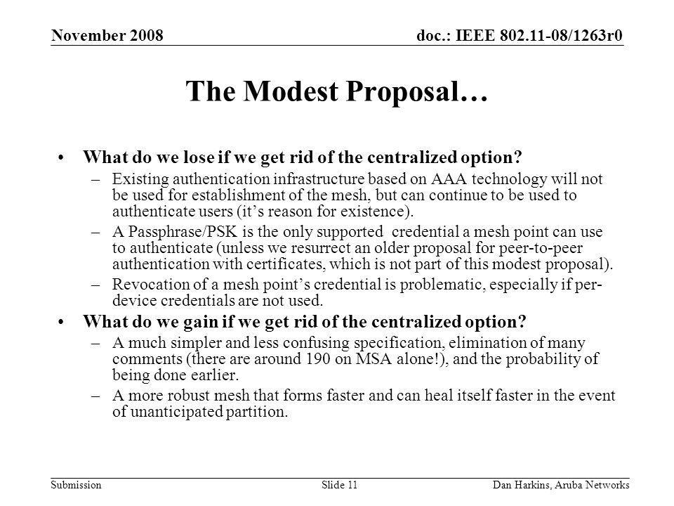 doc.: IEEE /1263r0 Submission November 2008 Dan Harkins, Aruba NetworksSlide 11 The Modest Proposal… What do we lose if we get rid of the centralized option.