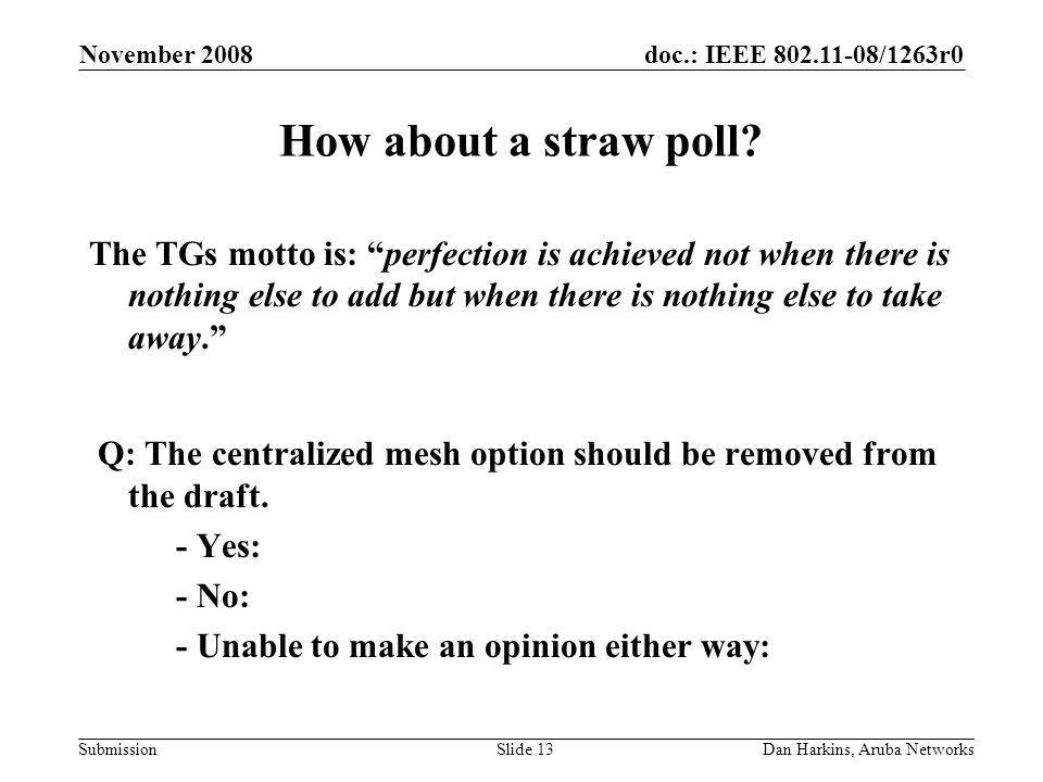doc.: IEEE /1263r0 Submission November 2008 Dan Harkins, Aruba NetworksSlide 13 How about a straw poll.