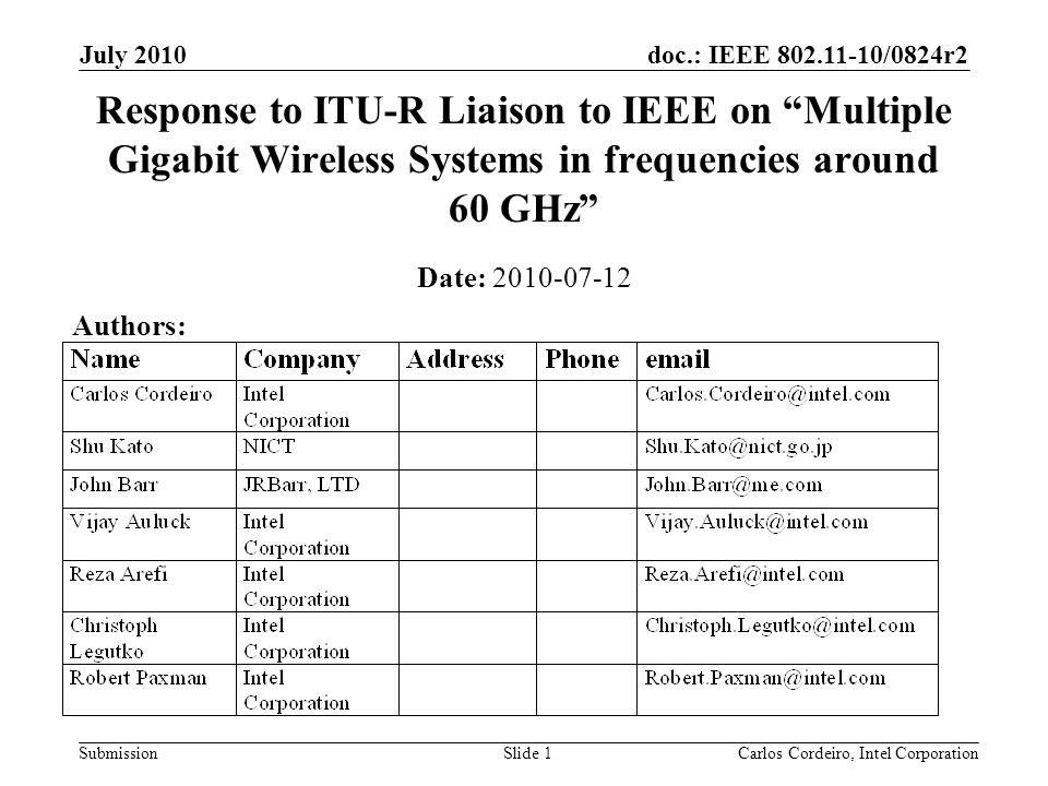 doc.: IEEE /0824r2 Submission July 2010 Carlos Cordeiro, Intel CorporationSlide 1 Response to ITU-R Liaison to IEEE on Multiple Gigabit Wireless Systems in frequencies around 60 GHz Date: Authors: