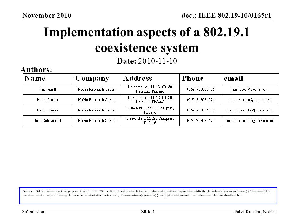 doc.: IEEE /0165r1 SubmissionPäivi Ruuska, NokiaSlide 1 Implementation aspects of a coexistence system Notice: This document has been prepared to assist IEEE