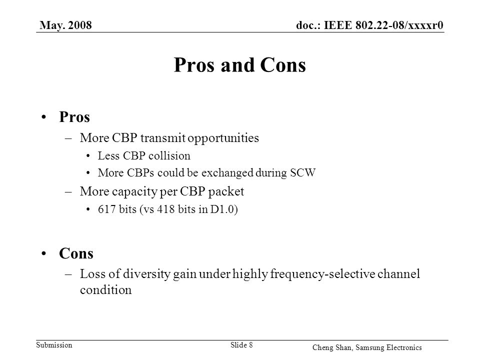 doc.: IEEE /xxxxr0 Submission Pros and Cons Pros –More CBP transmit opportunities Less CBP collision More CBPs could be exchanged during SCW –More capacity per CBP packet 617 bits (vs 418 bits in D1.0) Cons –Loss of diversity gain under highly frequency-selective channel condition May.
