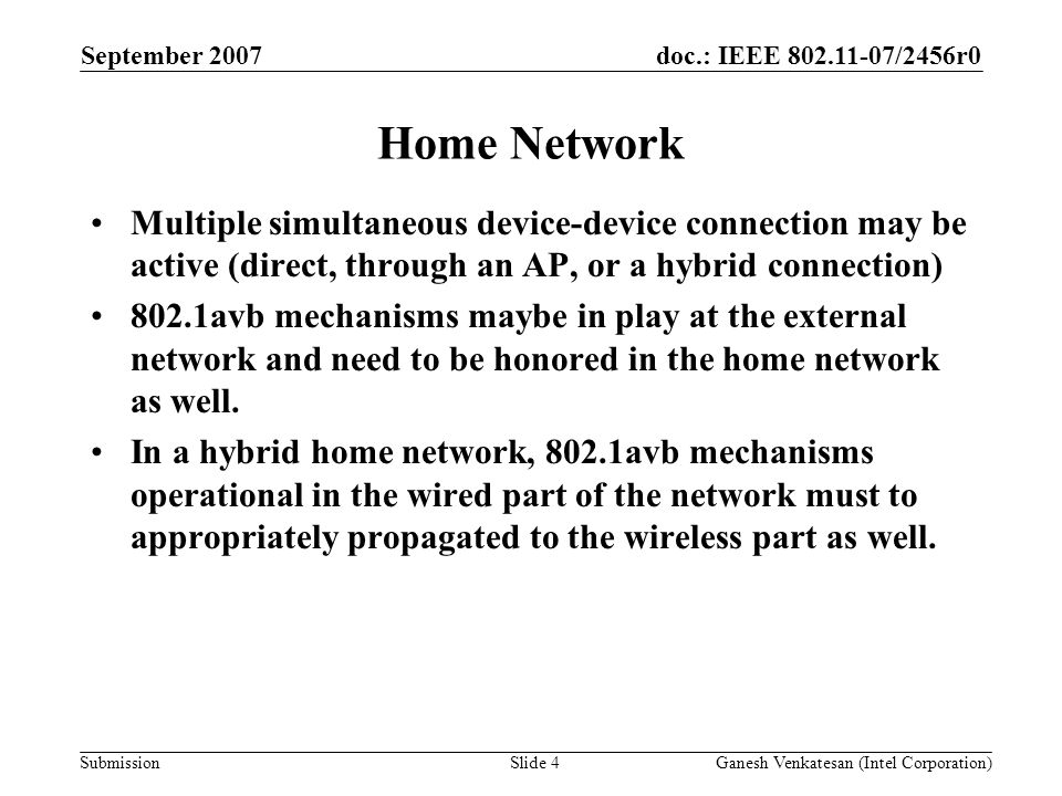 doc.: IEEE /2456r0 Submission Home Network Multiple simultaneous device-device connection may be active (direct, through an AP, or a hybrid connection) 802.1avb mechanisms maybe in play at the external network and need to be honored in the home network as well.