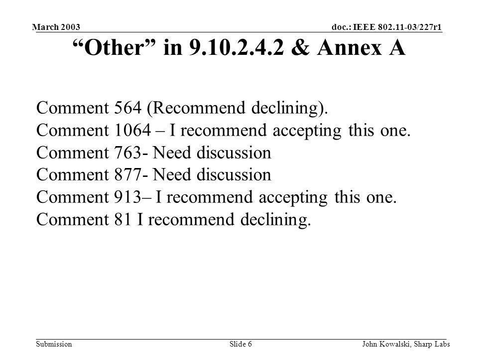doc.: IEEE /227r1 Submission March 2003 John Kowalski, Sharp LabsSlide 6 Other in & Annex A Comment 564 (Recommend declining).