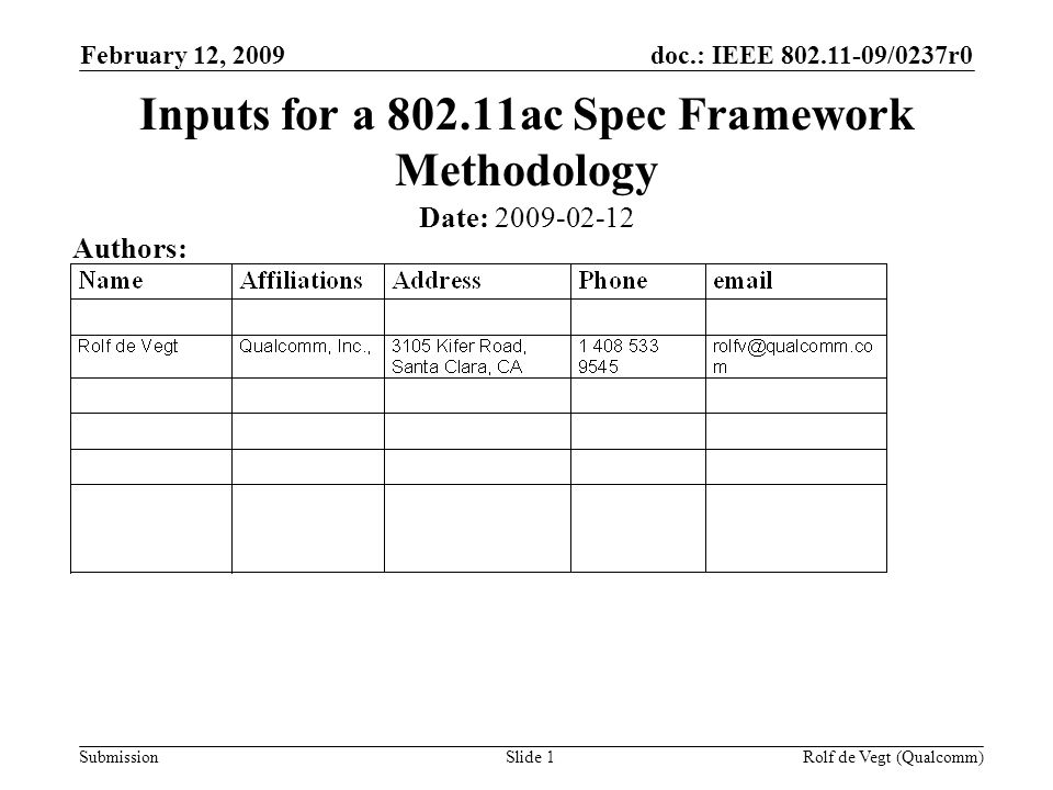 doc.: IEEE /0237r0 Submission February 12, 2009 Rolf de Vegt (Qualcomm)Slide 1 Inputs for a ac Spec Framework Methodology Date: Authors: