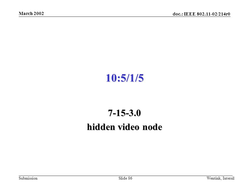 doc.: IEEE /214r0 Submission March 2002 Wentink, IntersilSlide 86 10:5/1/ hidden video node