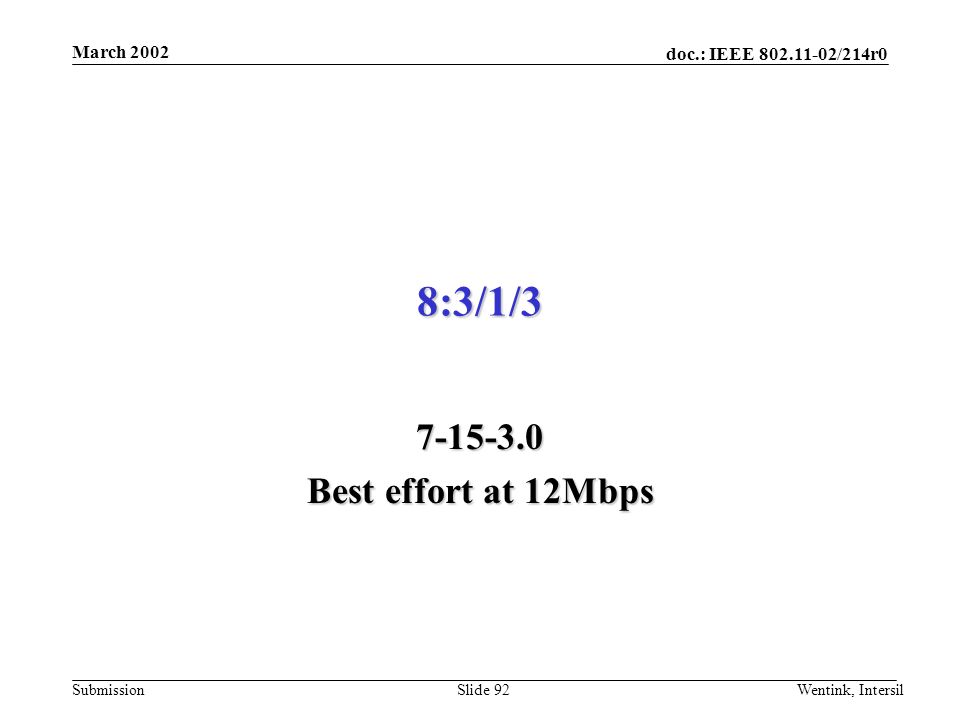 doc.: IEEE /214r0 Submission March 2002 Wentink, IntersilSlide 92 8:3/1/ Best effort at 12Mbps