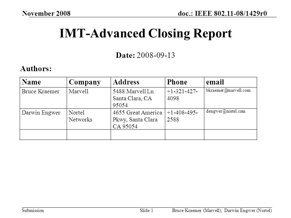 doc.: IEEE /1429r0 Submission November 2008 Bruce Kraemer (Marvell); Darwin Engwer (Nortel)Slide 1 IMT-Advanced Closing Report Date: Authors: Name Company Address Phone  Bruce Kraemer Marvell 5488 Marvell Ln Santa Clara, CA Darwin Engwer Nortel Networks 4655 Great America Pkwy, Santa Clara CA