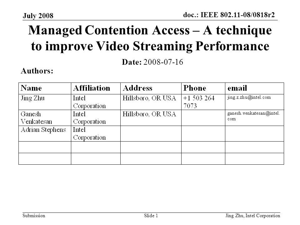 doc.: IEEE /0818r2 Submission July 2008 Jing Zhu, Intel CorporationSlide 1 Managed Contention Access – A technique to improve Video Streaming Performance Date: Authors:
