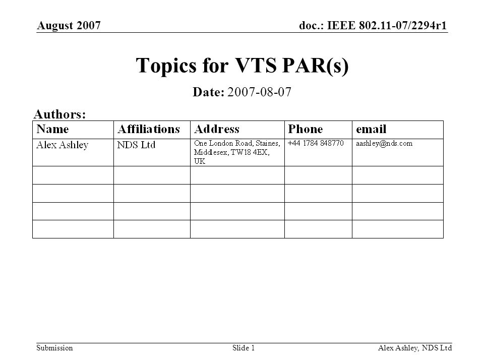 doc.: IEEE /2294r1 Submission August 2007 Alex Ashley, NDS LtdSlide 1 Topics for VTS PAR(s) Date: Authors: