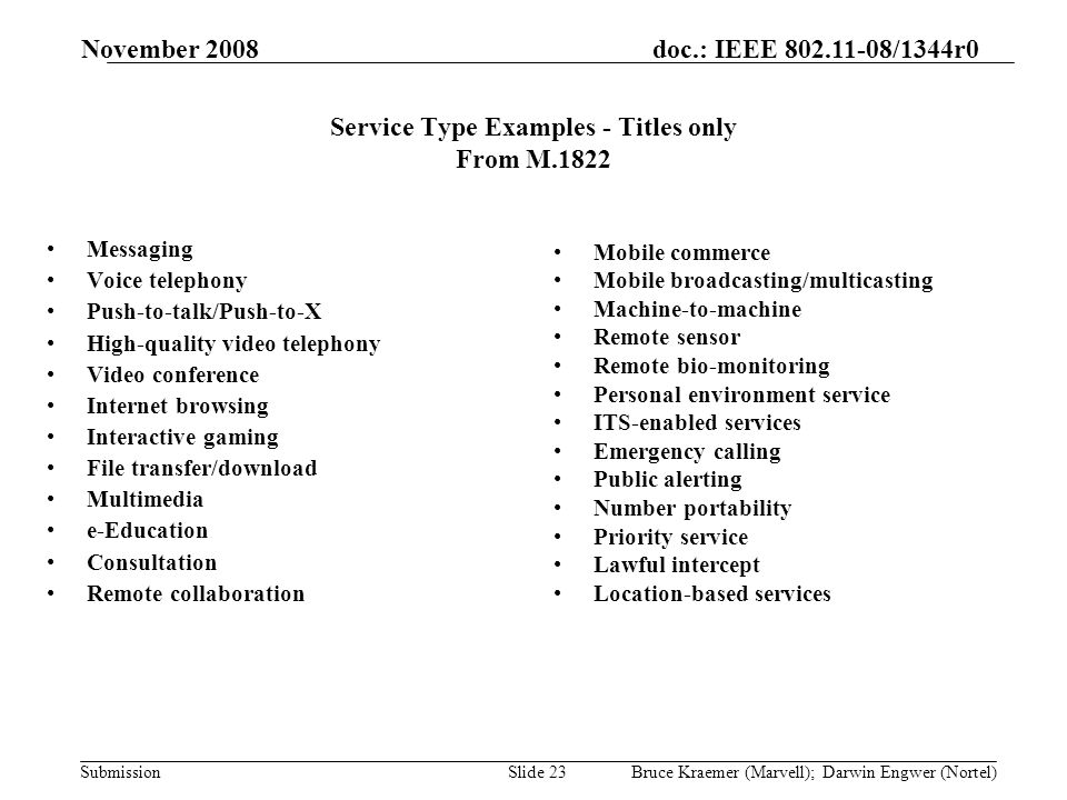 doc.: IEEE /1344r0 Submission November 2008 Bruce Kraemer (Marvell); Darwin Engwer (Nortel)Slide 23 Service Type Examples - Titles only From M.1822 Messaging Voice telephony Push-to-talk/Push-to-X High-quality video telephony Video conference Internet browsing Interactive gaming File transfer/download Multimedia e-Education Consultation Remote collaboration Mobile commerce Mobile broadcasting/multicasting Machine-to-machine Remote sensor Remote bio-monitoring Personal environment service ITS-enabled services Emergency calling Public alerting Number portability Priority service Lawful intercept Location-based services