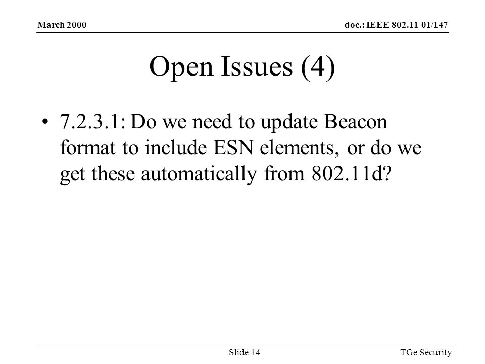 doc.: IEEE /147March 2000 TGe SecuritySlide 14 Open Issues (4) : Do we need to update Beacon format to include ESN elements, or do we get these automatically from d