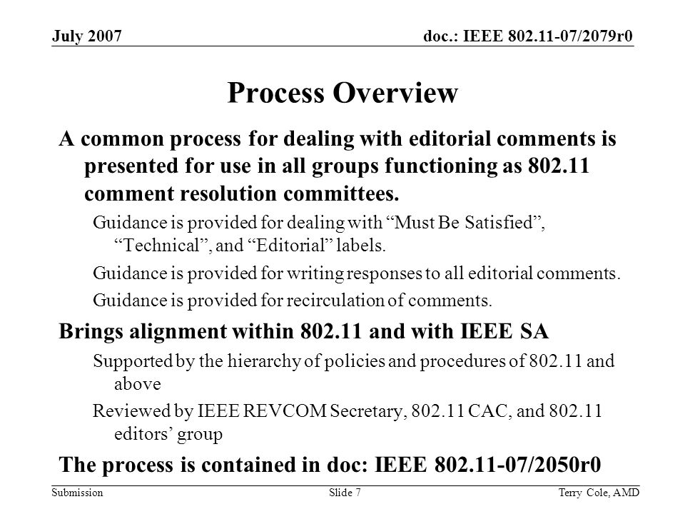 doc.: IEEE /2079r0 Submission July 2007 Terry Cole, AMDSlide 7 Process Overview A common process for dealing with editorial comments is presented for use in all groups functioning as comment resolution committees.