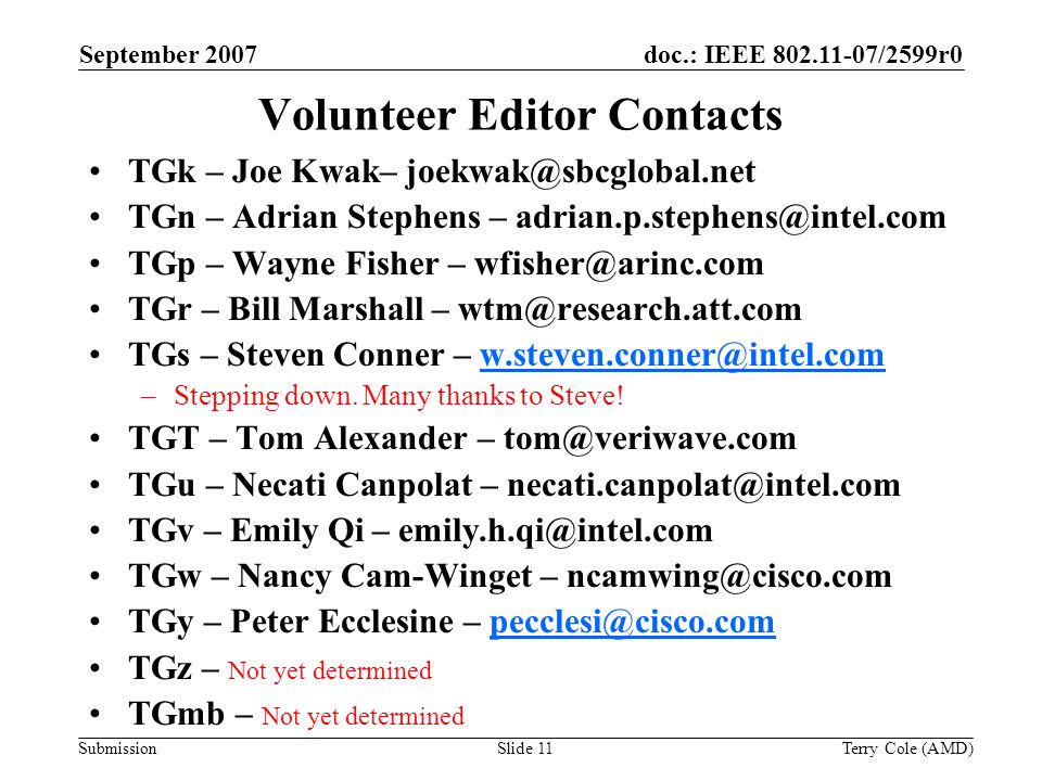 Submission doc.: IEEE /2599r0September 2007 Terry Cole (AMD)Slide 11 Volunteer Editor Contacts TGk – Joe Kwak– TGn – Adrian Stephens – TGp – Wayne Fisher – TGr – Bill Marshall – TGs – Steven Conner – –Stepping down.