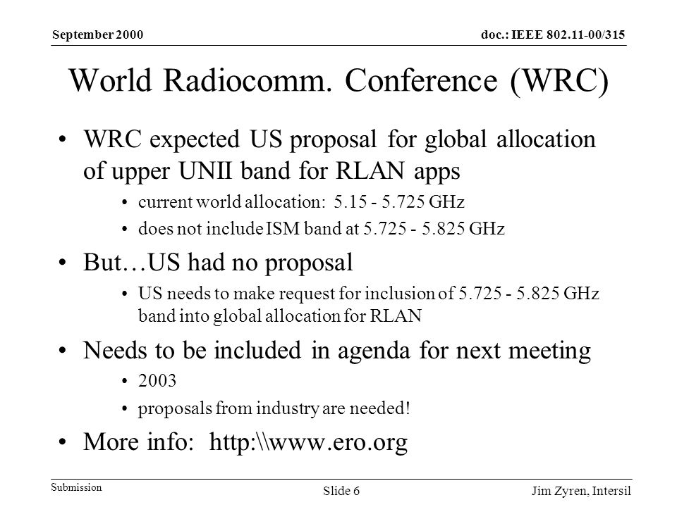 doc.: IEEE /315 Submission September 2000 Jim Zyren, IntersilSlide 6 World Radiocomm.