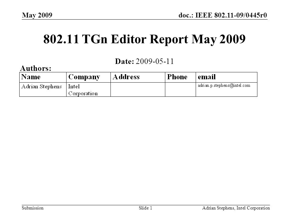 doc.: IEEE /0445r0 Submission May 2009 Adrian Stephens, Intel CorporationSlide TGn Editor Report May 2009 Date: Authors: