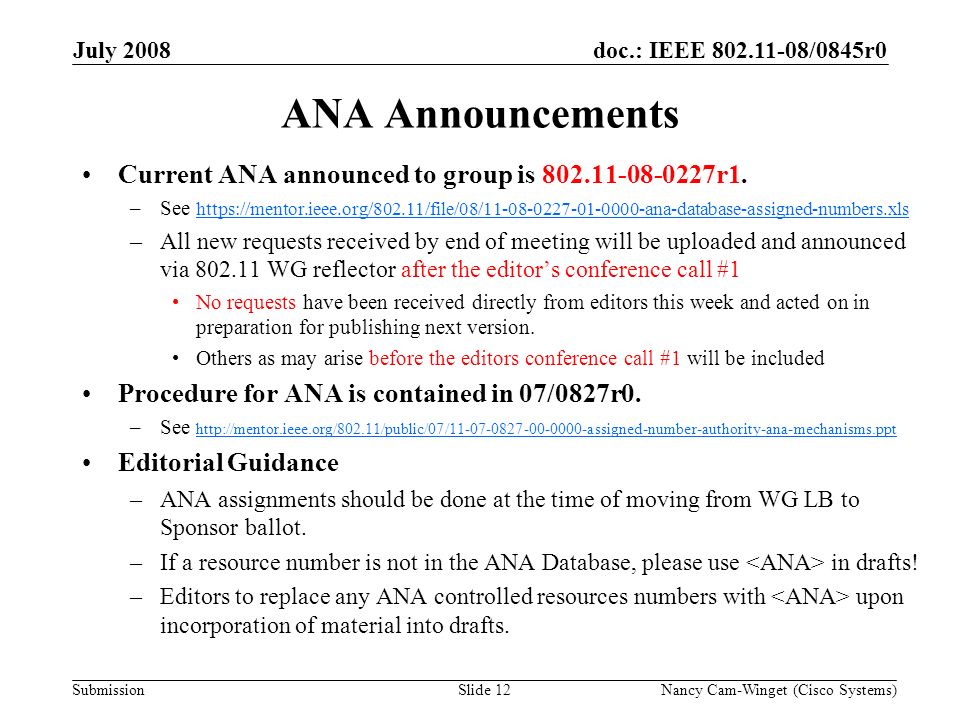 Submission doc.: IEEE /0845r0July 2008 Nancy Cam-Winget (Cisco Systems)Slide 12 ANA Announcements Current ANA announced to group is r1.