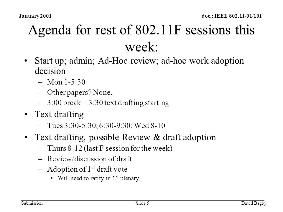 doc.: IEEE /101 Submission January 2001 David BagbySlide 5 Agenda for rest of F sessions this week: Start up; admin; Ad-Hoc review; ad-hoc work adoption decision –Mon 1-5:30 –Other papers.