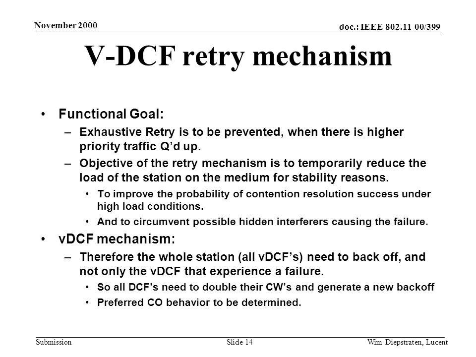 doc.: IEEE /399 Submission November 2000 Wim Diepstraten, LucentSlide 14 V-DCF retry mechanism Functional Goal: –Exhaustive Retry is to be prevented, when there is higher priority traffic Qd up.