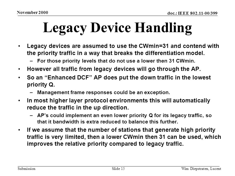 doc.: IEEE /399 Submission November 2000 Wim Diepstraten, LucentSlide 15 Legacy Device Handling Legacy devices are assumed to use the CWmin=31 and contend with the priority traffic in a way that breaks the differentiation model.