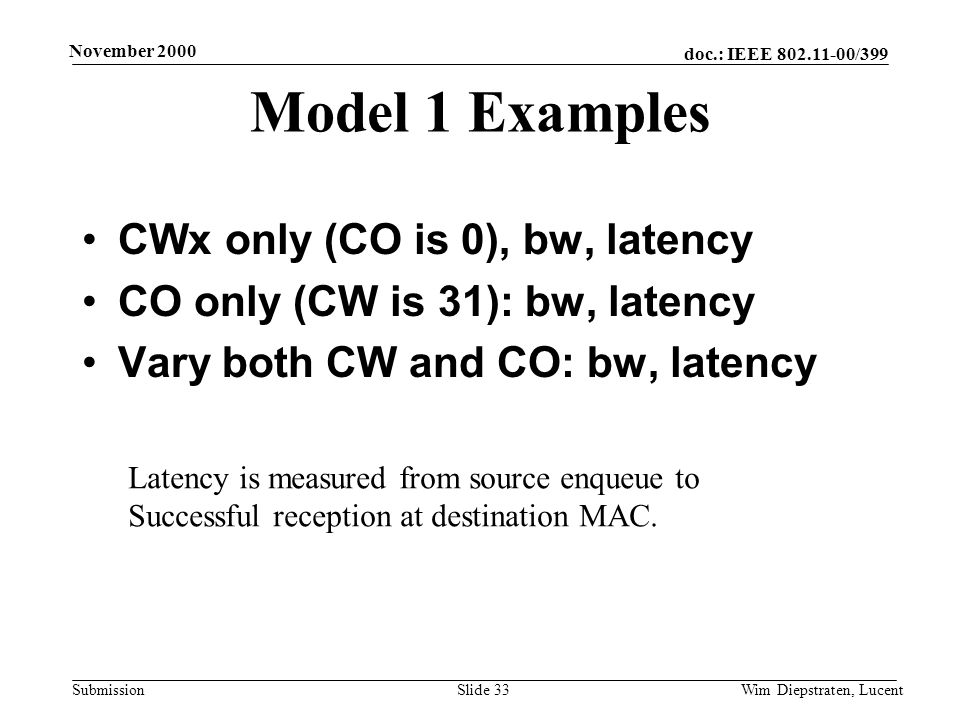 doc.: IEEE /399 Submission November 2000 Wim Diepstraten, LucentSlide 33 Model 1 Examples CWx only (CO is 0), bw, latency CO only (CW is 31): bw, latency Vary both CW and CO: bw, latency Latency is measured from source enqueue to Successful reception at destination MAC.