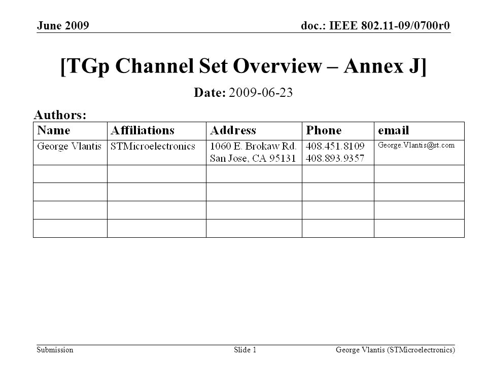 doc.: IEEE /0700r0 Submission June 2009 George Vlantis (STMicroelectronics)Slide 1 [TGp Channel Set Overview – Annex J] Date: Authors: