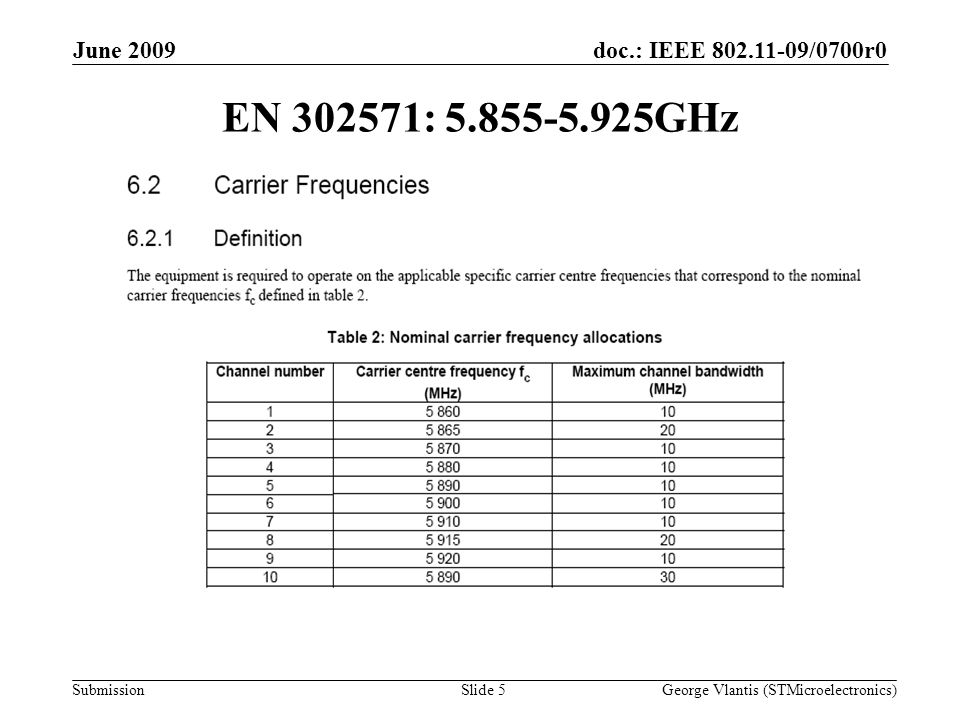 doc.: IEEE /0700r0 Submission June 2009 George Vlantis (STMicroelectronics)Slide 5 EN : GHz