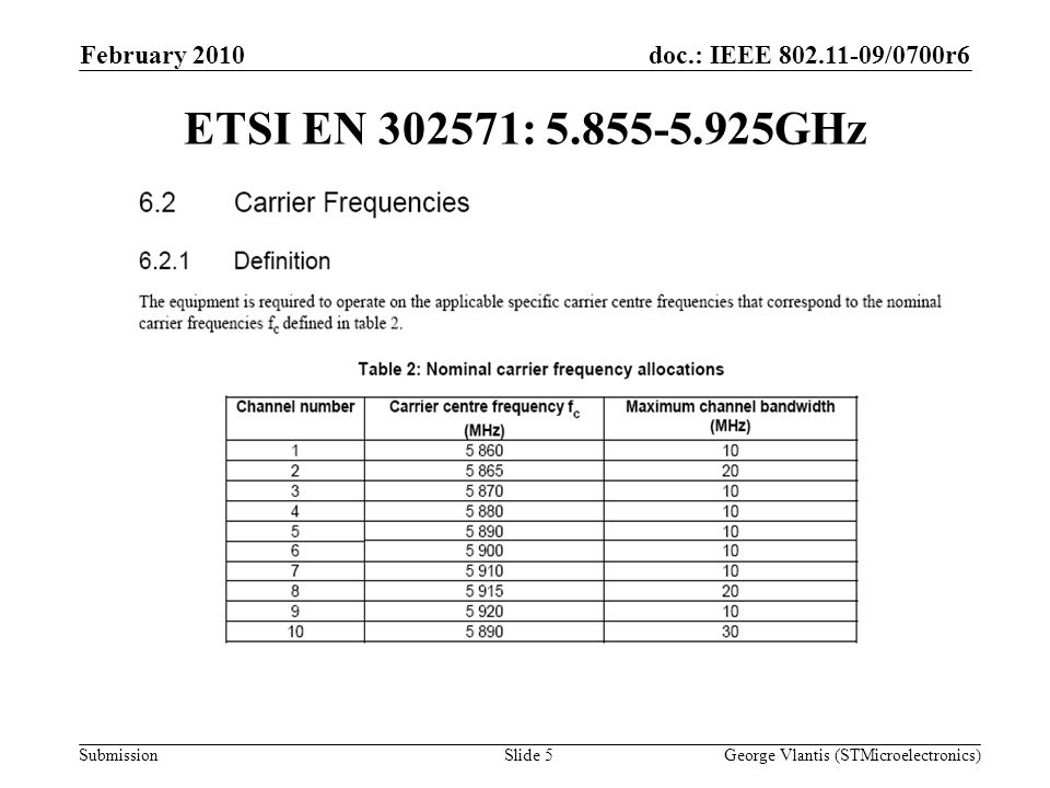 doc.: IEEE /0700r6 Submission February 2010 George Vlantis (STMicroelectronics)Slide 5 ETSI EN : GHz