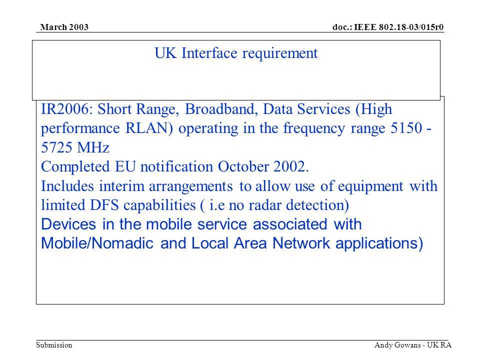 doc.: IEEE /015r0 Submission March 2003 Andy Gowans - UK RA IR2006: Short Range, Broadband, Data Services (High performance RLAN) operating in the frequency range MHz Completed EU notification October 2002.