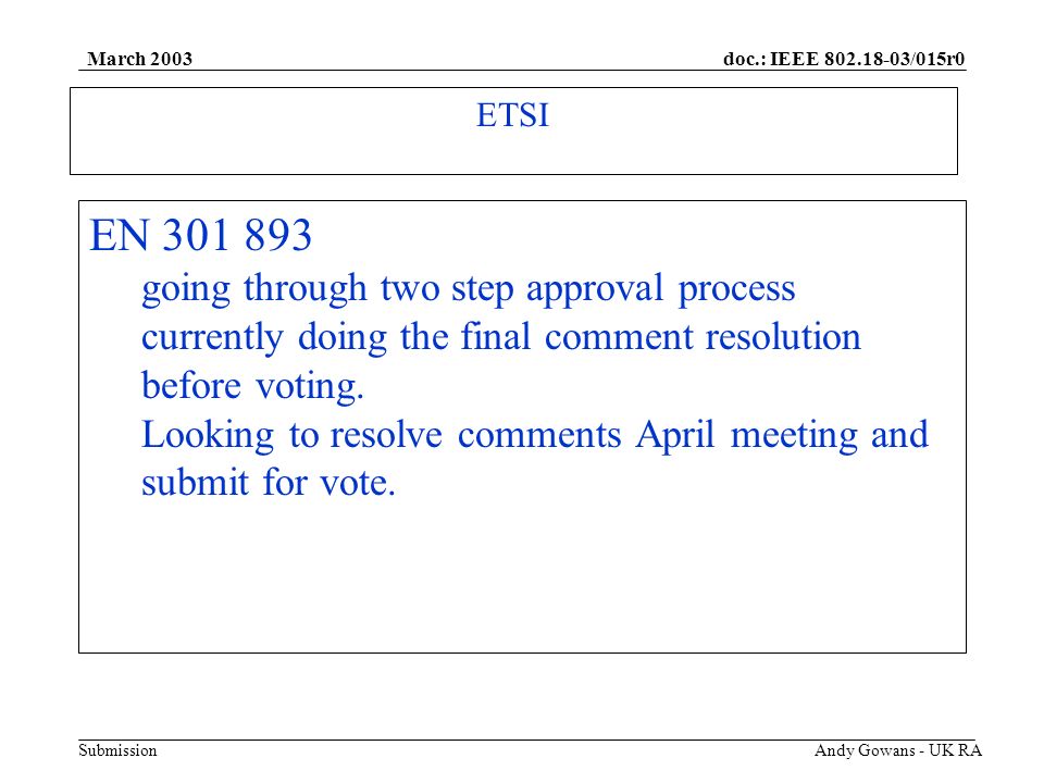 doc.: IEEE /015r0 Submission March 2003 Andy Gowans - UK RA ETSI EN going through two step approval process currently doing the final comment resolution before voting.