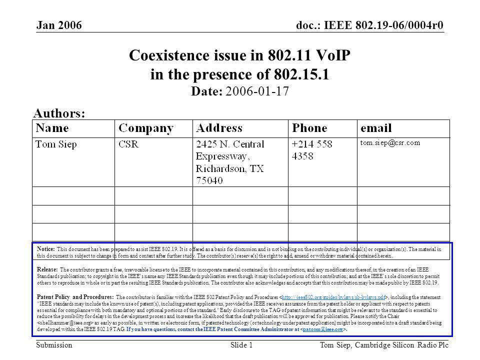 doc.: IEEE /0004r0 Submission Jan 2006 Tom Siep, Cambridge Silicon Radio PlcSlide 1 Coexistence issue in VoIP in the presence of Notice: This document has been prepared to assist IEEE